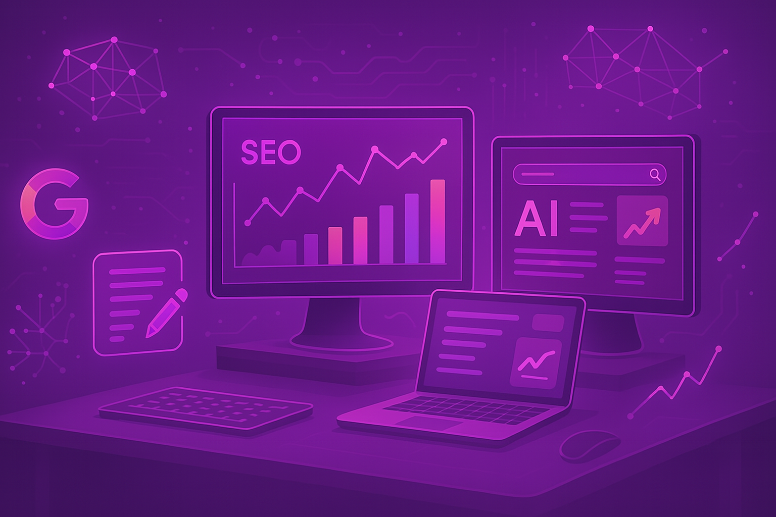 AI SEO Analytics Dashboard - Showing SEO performance metrics and AI-powered insights