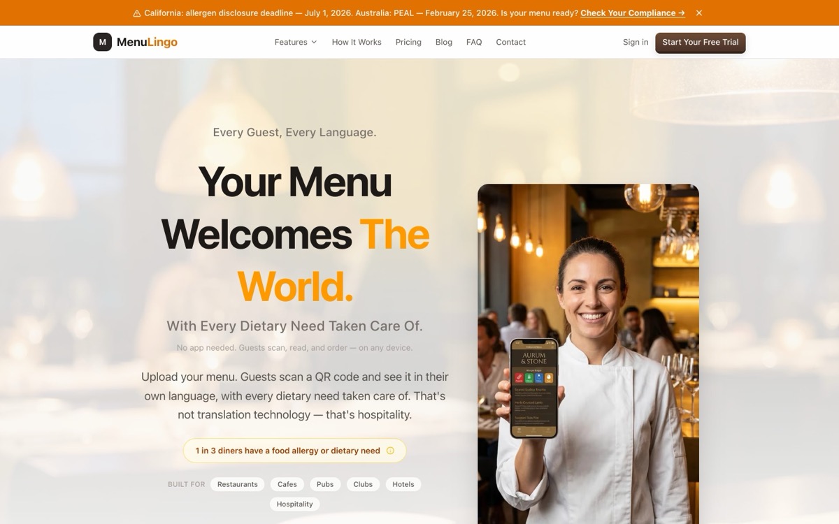 MenuLingo multilingual restaurant menu SaaS — homepage of the product built by Smash It Marketing